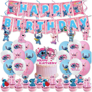 Ballon 67PCS nappe de fête à thème pink stitch gâteau d'anniversaire en forme de drapeau décoration de fête d'anniversaire rose